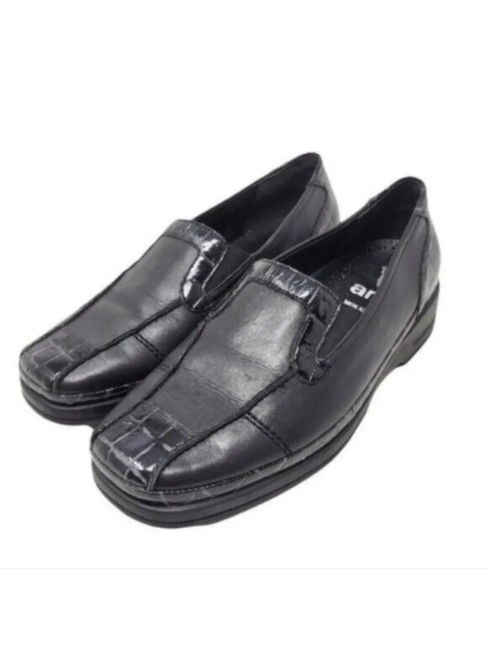 Ara Leather Crocodile Print Mokassin Slip On Loafer Shoe Black
